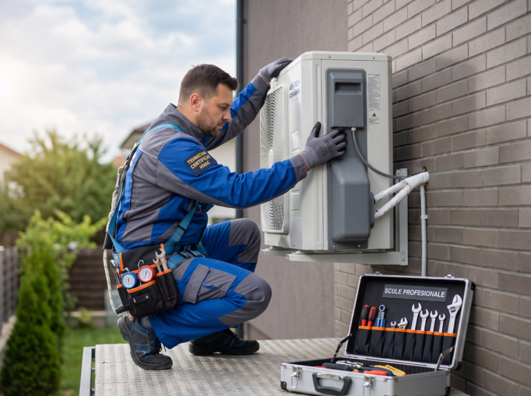 Tehnician instalând profesional un aparat de aer condiționat